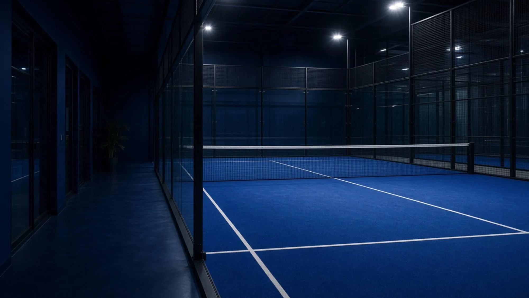 Night Match illustration: warm yellow padel court lines in a dark sports centre