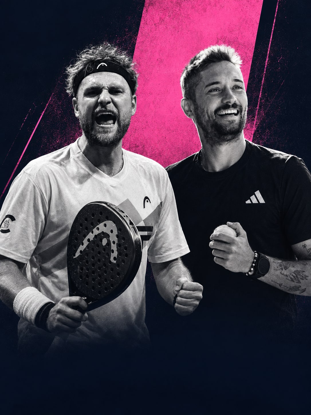 Benjamin Fitzon im Jubel und Moritz Leitner mit einem Lachen im magentafarbenen Creator × Profi Teammotiv