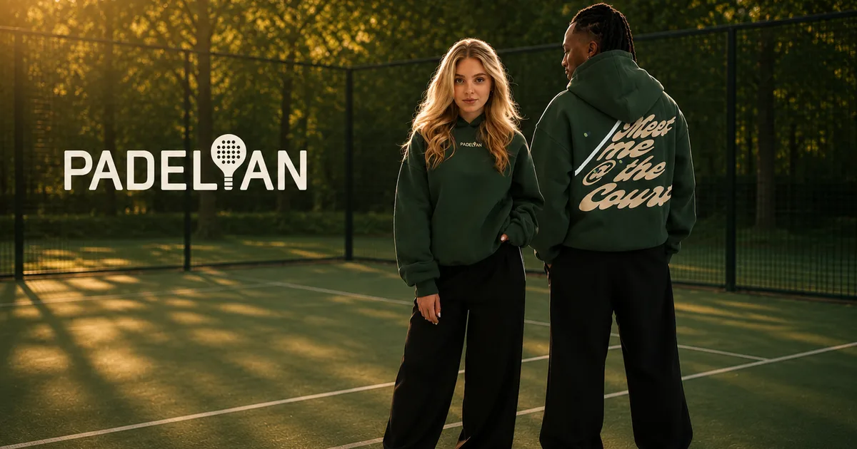Two people wearing the green Padelian oversize hoodie on a court