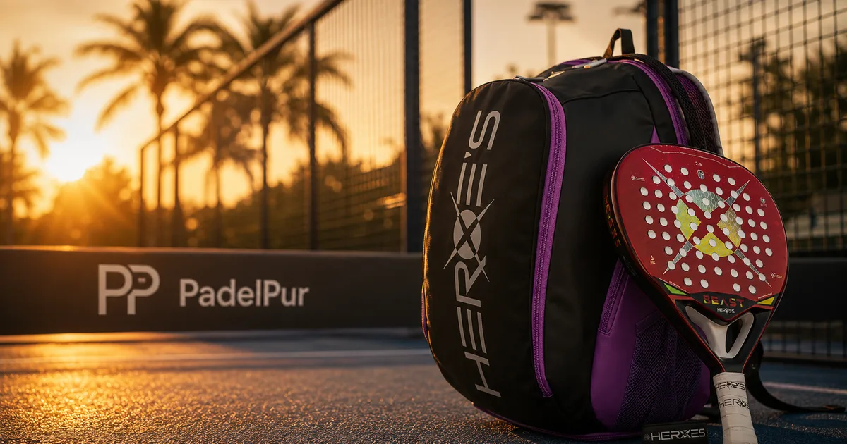 HEROE's padel racket and backpack on a court at sunset