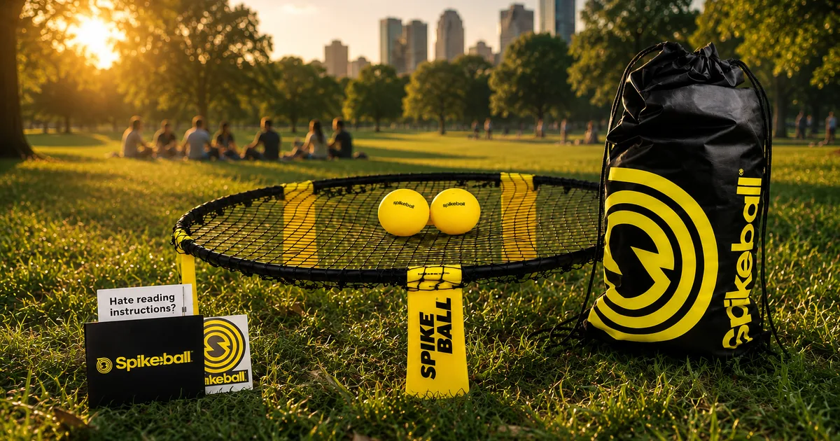 Spikeball roundnet set with bag on a park lawn at sunset