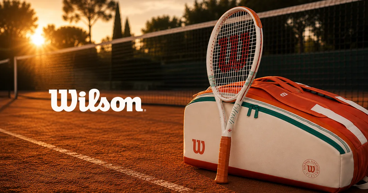 Wilson Clash 100 V3 Roland-Garros racket leaning against the matching bag on a clay court